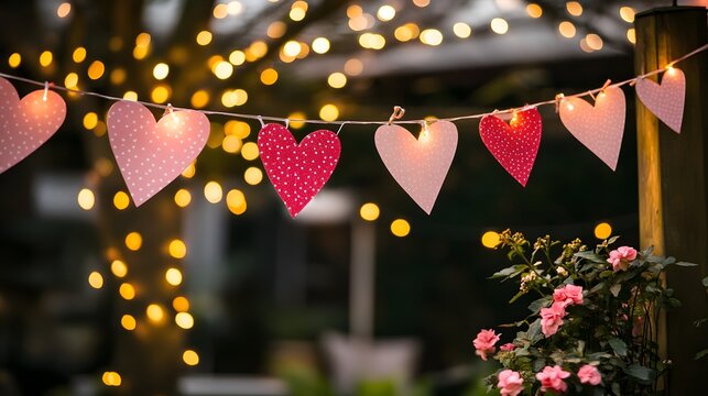 Romantic outdoor scene with string lights and heart-shaped decorations. Pink and red hearts hang against a bokeh background of warm lights and greenery. Perfect for Valentine's Day or a wedding.