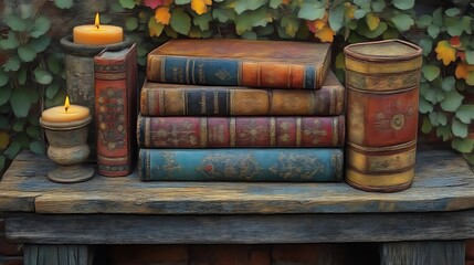 Antique Books Candles And Autumn Leaves On A Wooden Bench