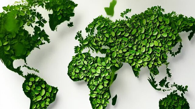 A vibrant world map created from lush green leaves symbolizes environmental awareness and sustainability. This creative representation showcases nature's beauty and our connection to the planet.