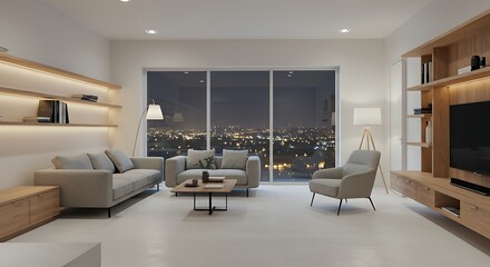 Modern Apartment Night View Cityscape Cozy Living Room