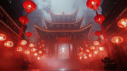 Lowangle shot of a grand entrance decorated with red banners and lanterns for Chinese New Year emphasizing the scale and festivity
