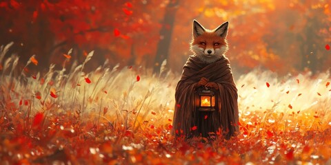 Fox holding a lantern amidst autumn foliage in sunlit forest scene