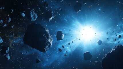 A breathtaking view of an asteroid field, bathed in the radiant glow of a distant star.  Countless rocks float amidst a cosmic expanse of deep blue.