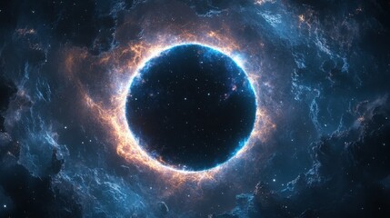 Obraz premium A mesmerizing cosmic event unfolds, a celestial body encircled by vibrant, swirling nebulae in shades of blue and orange. The dark core contrasts beautifully with the bright, energetic ring.