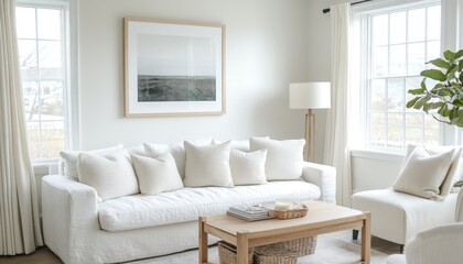 Fototapeta premium Serene Minimalist Living Room Interior Design with White Sofa Natural Light