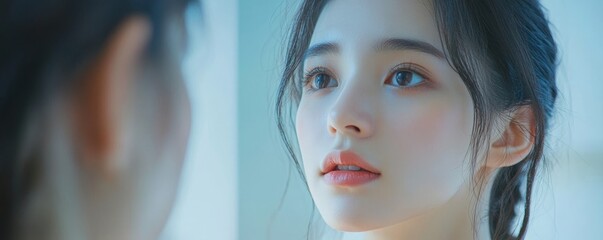 Anti aging, worry puberty asian young woman, stressed girl looking in mirror, allergy presenting an allergic reaction from cosmetic on face. Beauty, health care from acne problem, dry skin, Generative