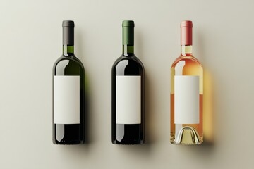 A flat-lay of three wine bottles with blank labels on a neutral background