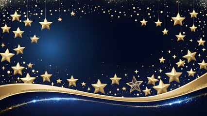 Naklejka premium On a dark blue sky-like background, there are gold stars and glittering glitter for Christmas and New Year's. Festive greeting cards, site designs, holiday banners, seasonal marketing collateral, cont