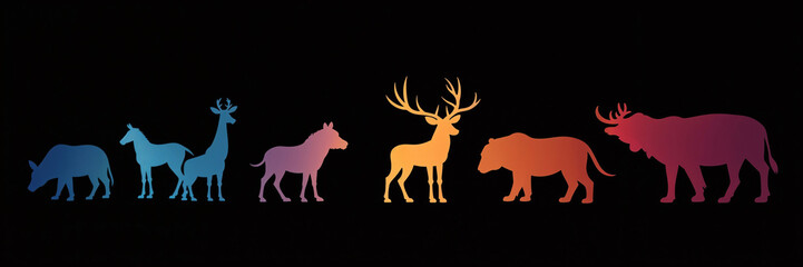 Obraz premium Silhouetted animals in gradient hues on black background for educational and design purposes