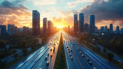 Fototapeta premium Sunset cityscape with highway traffic.