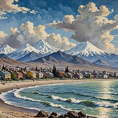 Coastal Town, Snow-Capped Mountains