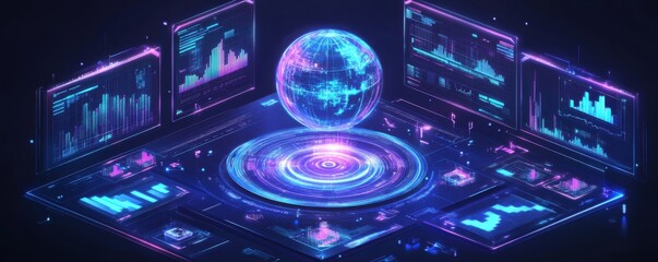Futuristic digital interface featuring global data and analytics visualization