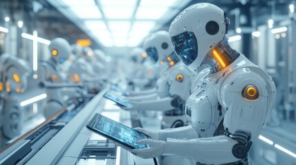 Fototapeta premium Futuristic Robots Working Collaboratively in a High-Tech Industrial Environment