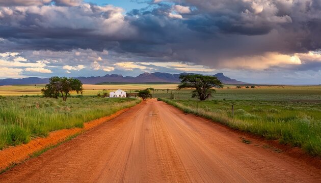 a horizontal shot of a rural dust avenue in bisecting two farms in opposition to a backdrop of a dramatic sormy cloudy sky at susnet bloemfontein unfastened nation south africa