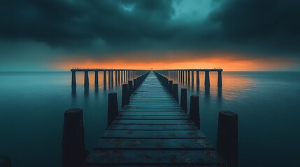 Obraz premium Wooden walkway leading to a long bridge over tranquil water at sunset