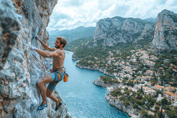 A person is rock climbing on a steep cliff overlooking a scenic coastal town with blue waters and mountainous terrain in the background. The climber is equipped with safety gear.