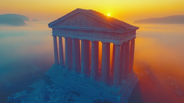 Ancient temple ruins, aerial view, sunrise, mist, ethereal, historical, - Powered by Adobe