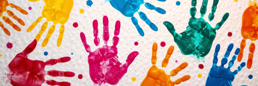 Colorful handprints on textured background for children's art projects and creative play
