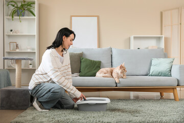 Beautiful young happy woman cleaning litter box and cute Maine Coon cat lying on sofa at home