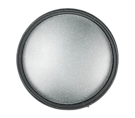 Round enamel black metal casserole, isolated on white, top view 