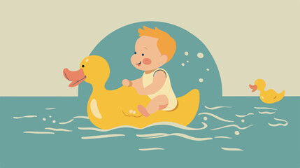 Cute Baby Enjoying Ride on Rubber Duck - Vector Illustration