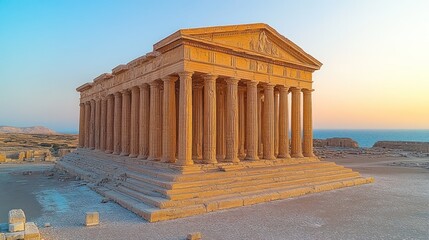 Obraz premium Ancient temple ruins at sunset, overlooking a desert landscape.
