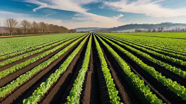 Lush Green Rows of Fresh Lettuce Growing in Fertile Farmland Under a Clear Blue Sky with Rolling Hills in the Background

