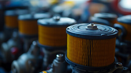 Close-up of several yellow air filters on a machine