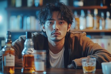 melancholy young Asian man drinks alcoholic whisky alone at home feeling dizzy after drunk, Generative AI