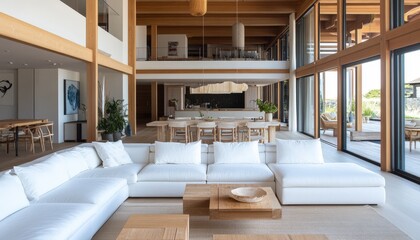 Modern Minimalist Home Interior Design Luxury Living Room with Wooden Beams Large Windows White Sofa