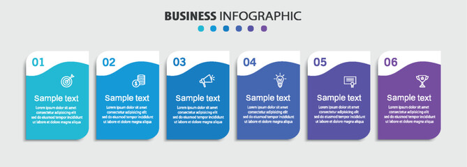 Business vector infographic design template with icons and 6 options or steps. Can be used for process diagram, presentations, workflow layout, banner, flow chart, info graph