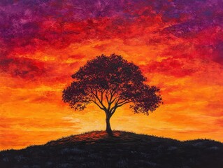 Fototapeta premium A silhouette of a tree against a vibrant sunset sky.