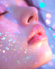 Fototapeta premium Female face in radiant pink glitter. Beautiful portrait of a young girl for makeup and cosmetics advertisement
