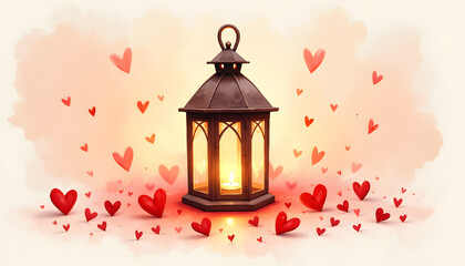 Charming lantern surrounded by red hearts and soft glow representing love and affection with copy space