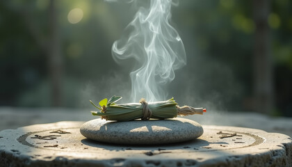 Burning herbal bundle releasing smoke on a stone altar with symbols for a Pagan rite