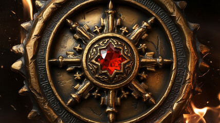 Elaborate cursed amulet adorned with a red gem and runes in an enchanting ambiance