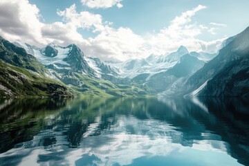 Fototapeta premium A serene mountain lake scene with surrounding peaks