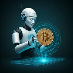 Naklejka premium robot holding bitcoin, cryptocurrency and business asset concept