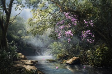 A serene landscape with a gentle stream flowing through dense foliage