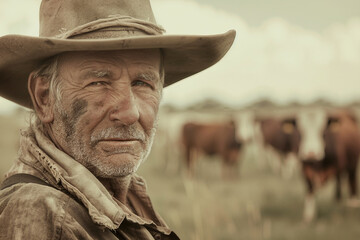 Fototapeta premium Generative AI Portrait of Male Farmer in Rural Environment with Agricultural Machines Ranch Harvesting Work