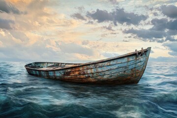 Naklejka premium Old boat floating in open sea with seaweed and coral around, perfect for travel or adventure theme images