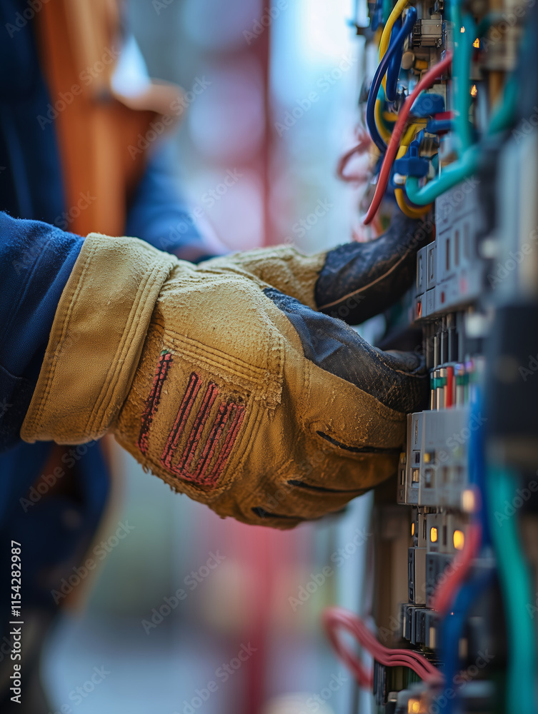 Poster electrician engages with panel wiring while ensuring safety and precision