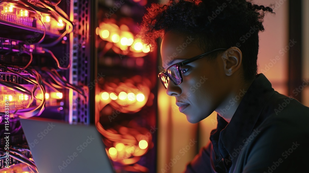 Poster system administrator checking server status in data center using laptop
