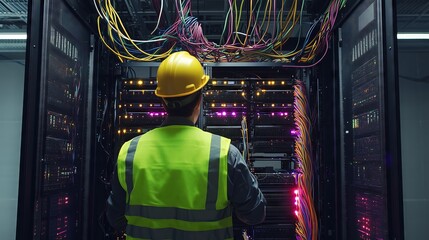 It engineer working on a server rack in a modern data center