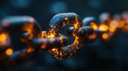 Close-up of a metallic chain with glowing embers, creating a dramatic and powerful image. The texture and lighting are captivating.