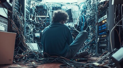 Technician working on tangled messy wires in server room