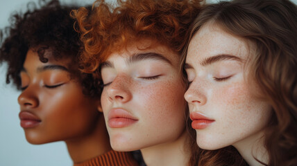 Obraz premium Friends share a moment of peace with eyes closed against a soft white background