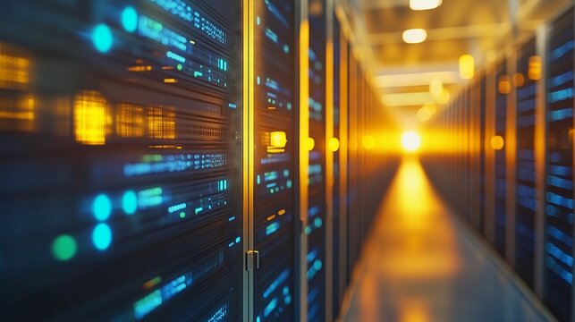 Server room data center flashing lights blinking processing information technology