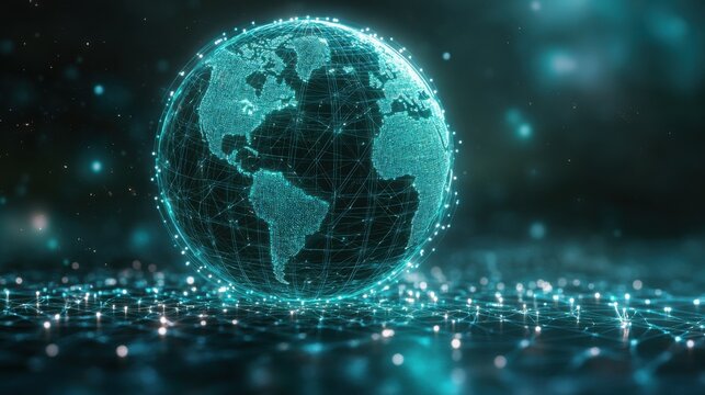A mesmerizing digital rendering of Earth, glowing teal and interconnected by a web of light.  Global network concept.