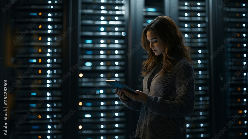 Poster it engineer working with tablet computer in data center. servers blinking in the background